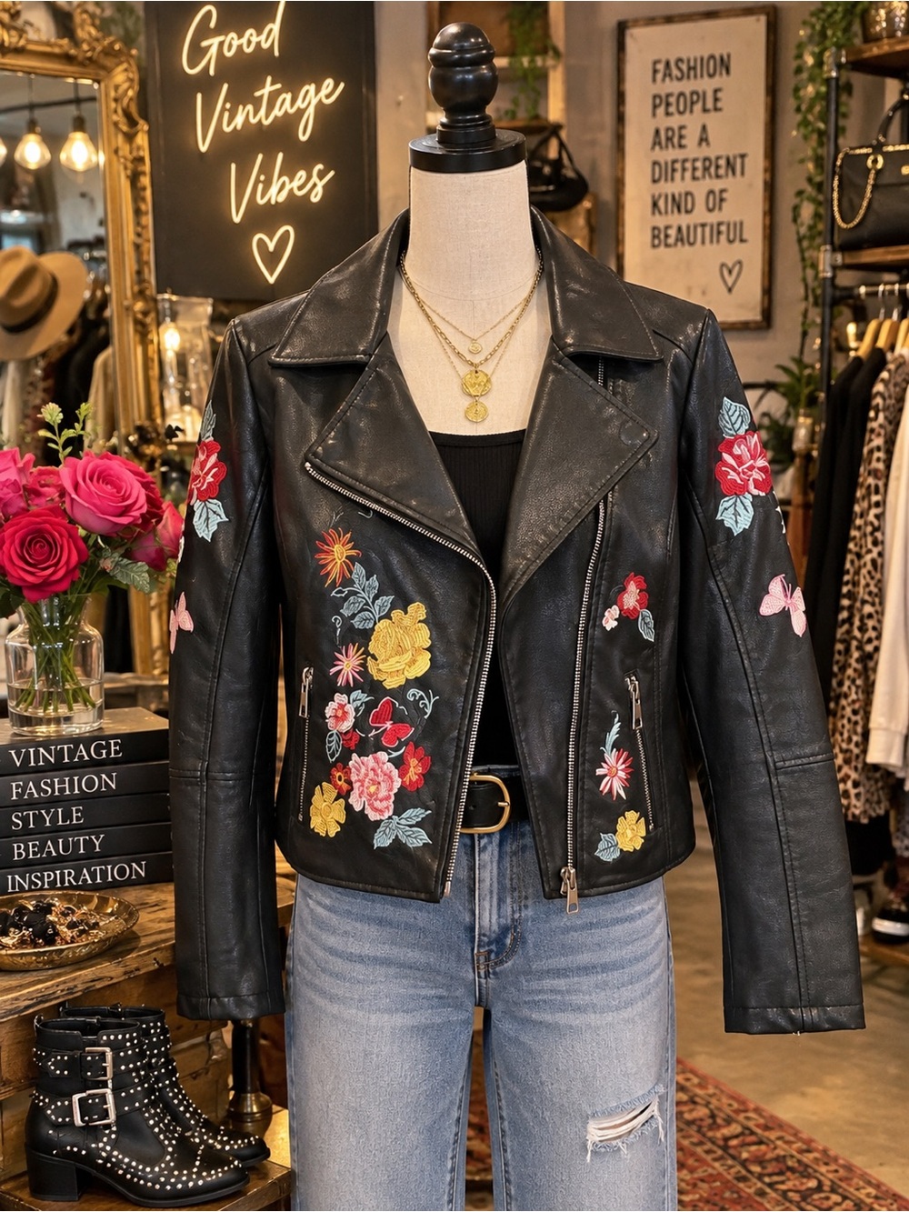 Romeo & Juliet Couture Black Faux Leather Floral Embroidered Moto Jacket